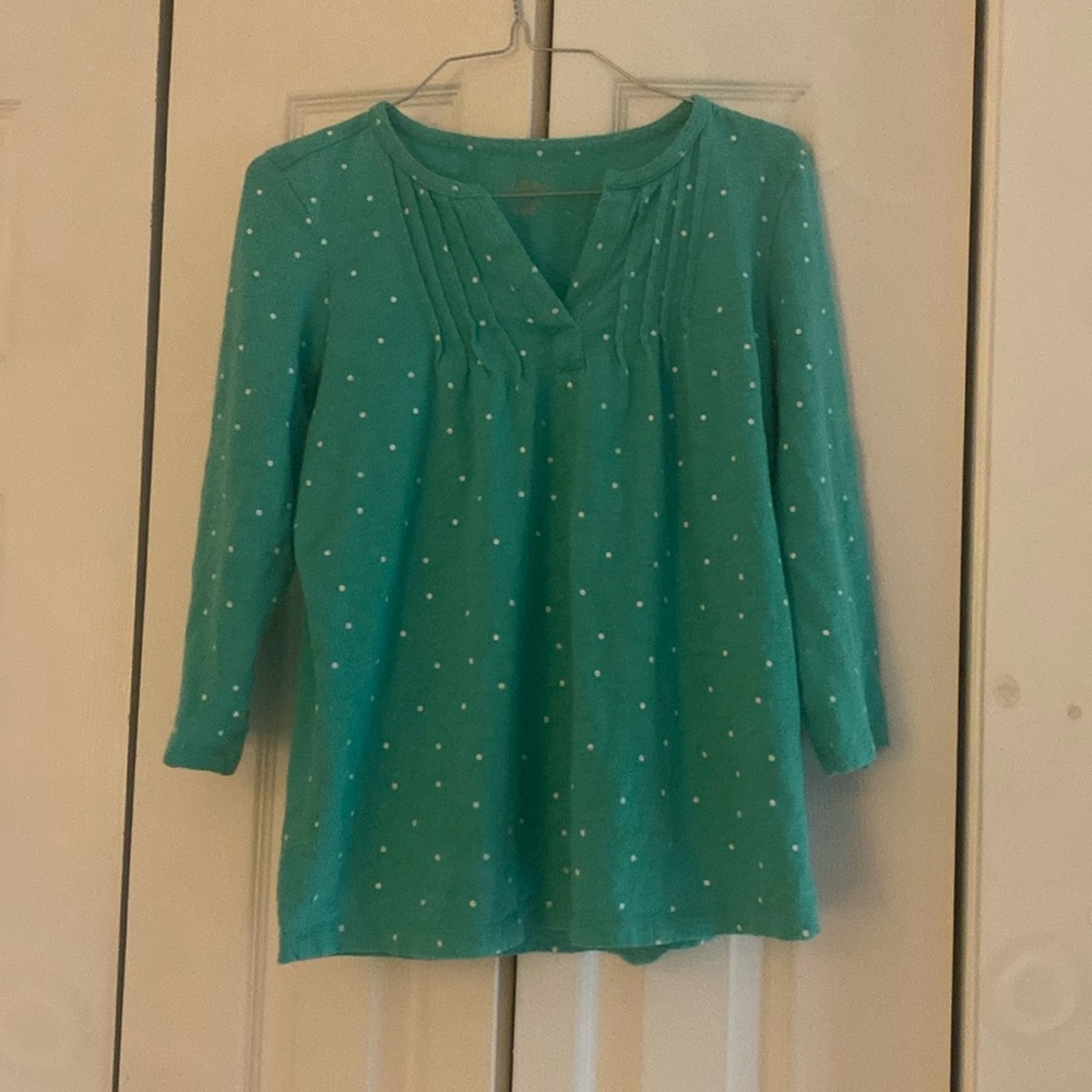 LL Bean Women’s Size Small 100% Cotton Green and White Polka Dot Top